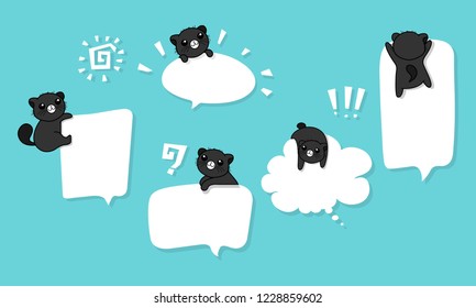 Vector illustration set of isolated cute black cat cartoon character holding on chat box on light blue background, can put on any object.