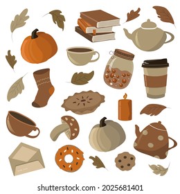 vector illustration set of isolated elements on the theme of autumn, coziness, thanksgiving, halloween. pumpkins, cups of coffee and cocoa, foliage, teapots candle, pie, cookies, mushroom. flat style