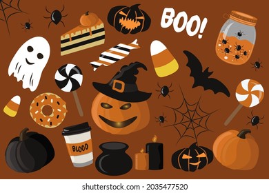 vector illustration - set of isolated elements on the theme of Halloween. jack lantern, pumpkins, witch hat, bats, cobwebs, spiders, candles, ghost, lollipops, sweets. trend illustration in flat style