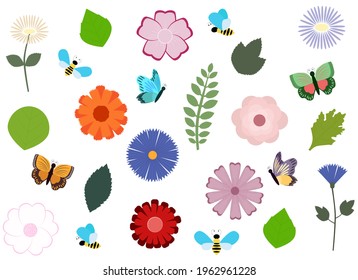 Vector illustration. Set of isolated flowers, leaves and insects. Variety of species