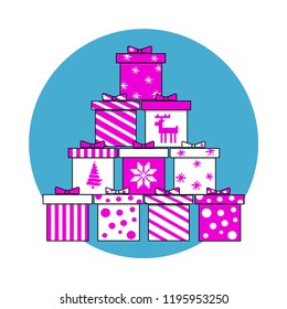 Vector illustration set of isolated gift boxes. Pink decoration with snowflakes, reindeer, circles, striped pattern on a blue background. For Christmas and New Year presents