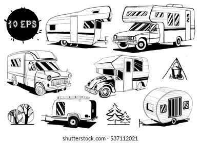 Vector illustration of Set isolated Hand Drawn, doodle Camper trailer, car Recreation transport, Vehicles Camper Vans Caravans Icons. Motorhome. Graphic object. Camping