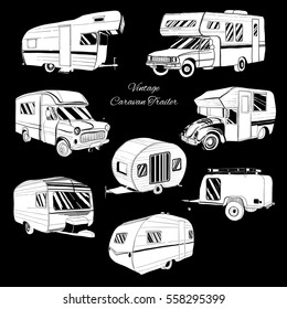 Vector illustration of Set isolated Hand Drawn, doodle Camper trailer, car Recreation transport, Vehicles Camper Vans Caravans Icons. Motor home. Graphic object.