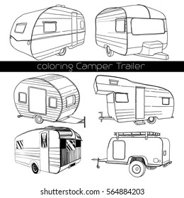 Vector illustration of Set isolated Hand Drawn, doodle Camper trailer, car Recreation transport, Vehicles Camp Vans Caravans Lines Icons. Motor home. Coloring template. Circuit and scheme