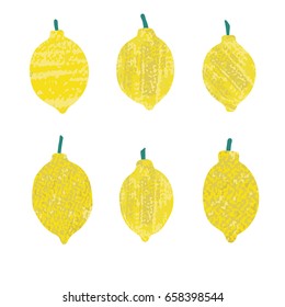 a vector illustration of a set of  isolated hand drawn lemons; textured cartoon style