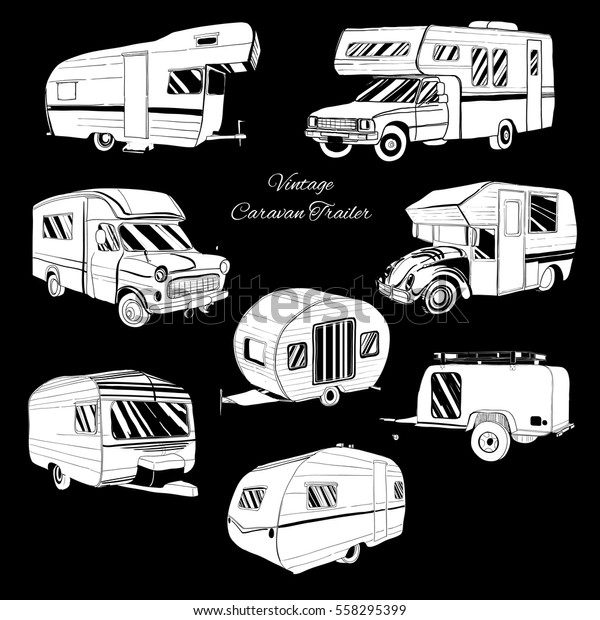 Vector illustration of Set isolated\
Hand Drawn, doodle Camper trailer, car Recreation transport,\
Vehicles Camper Vans Caravans Icons. Motor home. Graphic\
object.