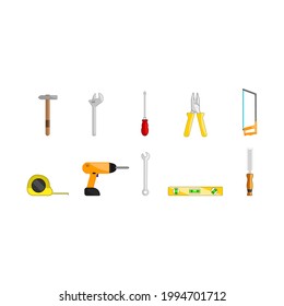 Vector illustration set isolated icons tools repair, hammer, adjustable wrench, screwdriver, vise, saw, tape measure, drill, wrench, water guage, chisel.