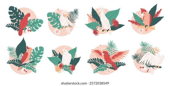 Vector illustration of a set of isolated icons with bright cockatoo parrots and tropical leaves. Cute characters of different colors in round frames on an isolated background. Cartoon style.