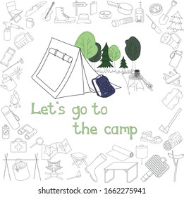 Vector illustration. Set of isolated objects on the theme of camping, outdoor activities, nature. Hand drawn. Cartoon style. Great for greeting card, postcard, poster, print, flyers