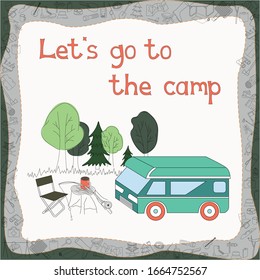 Vector illustration. Set of isolated objects on the theme of camping, outdoor activities, nature. Hand drawn. Cartoon style. Great for greeting card, postcard, poster, print, flyers