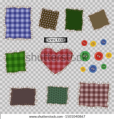 Vector illustration set isolated on transparent background patchwork buttons and patches stitched pieces of fabric