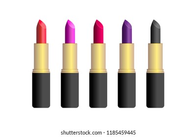 Vector illustration set of isolated red, pinl, wine, violet, black lipstick in gold and black tube