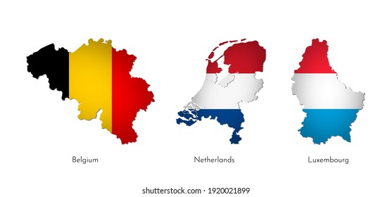 Vector illustration set with isolated silhouettes of Benelux Union maps (simplified shapes). National flags of Belgium, Netherlands, Luxembourg. White background and names of countries