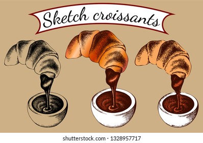 Vector illustration set of isolated sketch sweet french croissants with filling. Dessert in hand drawn vintage style, engraved. Croissant with chocolate, cream, custard. Bakery background, logo, menu
