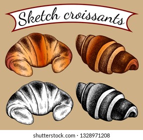 Vector illustration set of isolated sketch sweet fresh french croissants with filling. Dessert in hand drawn vintage style, engraved. Croissant with chocolate, custard. Bakery background, logo, menu. 