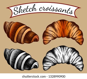 Vector illustration set of isolated sketch sweet fresh french croissants with filling. Dessert in hand drawn vintage style, engraved. Croissant with chocolate, custard. Bakery background, logo, menu. 