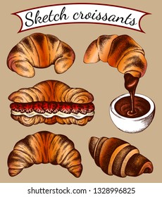 Vector illustration set of isolated sketch sweet  french croissants with filling. Dessert in hand drawn vintage style, engraved. Croissant with strawberry, chocolate. Bakery background, logo, menu. 