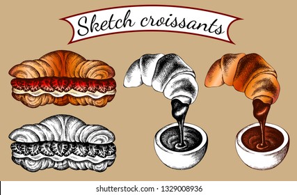 Vector illustration set of isolated sketch sweet   croissants with filling. Dessert in hand drawn vintage style, engraved. Croissant with strawberry, chocolate, cream. Bakery background, logo, menu. 