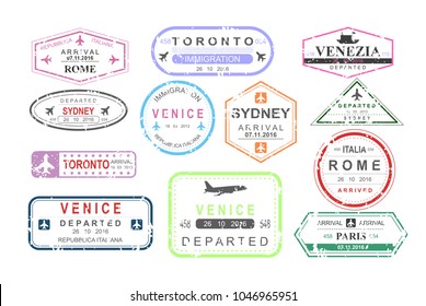 Vector illustration set of isolated visa passport stamps of arriving and departure, tourism sign, arrival document, airport theme, travel concept.