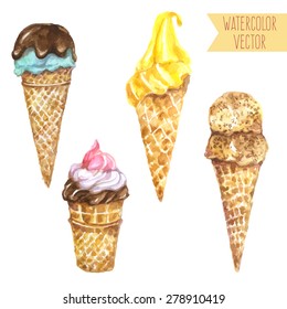 Vector illustration - set of isolated watercolor tasty ice cream in waffle cones