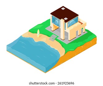 A Vector Illustration Of A Set Of An Isometric Beach House.
Isometric Beach House.
Holiday Home That's Beside The Sea.
