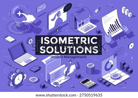 Vector illustration. Set of isometric business icons in thin line style. Collection of project management elements including laptop, graph, document, clock and lightbulb. Professional workspace concept.