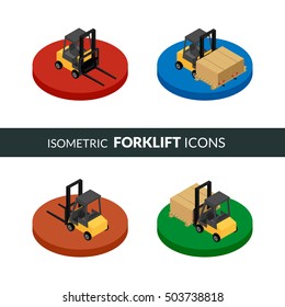 vector illustration. Set of isometric icons of the forklift. Loader with pallet with boxes.3D.