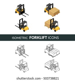 vector illustration. Set of isometric icons of the forklift. Loader with pallet with boxes. Colorful and contour. 3D.