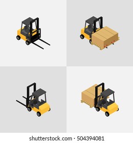 vector illustration. Set of isometric icons of the forklift. Loader with pallet with boxes.3D.