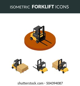 vector illustration. Set of isometric icons of the forklift. Loader with pallet with boxes.3D.