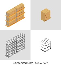 Vector illustration. Set isometric icons pallets with cardboard boxes. Colorful and outline. 3d.