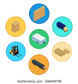 Vector illustration. Set of isometric icons storage, packaging and delivery. Warehouse, truck, forklift, pallets with boxes. 3D