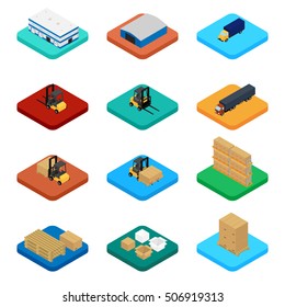 Vector illustration. Set of isometric icons storage, packaging and delivery. Warehouse, truck, forklift, pallets with boxes.