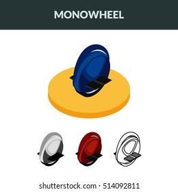 Vector illustration. Set of isometric icons electric unicycle, balancing scooter, monowheel. personal sports transport. Colorful, contour, outline. 3D