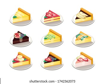 Vector Illustration Set of Isometric Pieces of Cakes with Sliced Fruits Isolated on White Background. Colorful. Cafe, Restaurant Menu Design Concept.