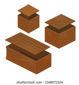 Vector illustration set of isometry opened wooden boxes isolated on white