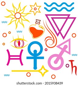 Vector illustration set of isoteric object for element. Different draw object in vintage engraving style. branches of plants and flowers. sacred isoteric geometry