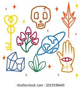 Vector illustration set of isoteric object for element. Different draw object in vintage engraving style. branches of plants and flowers. sacred isoteric geometry