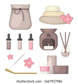 Ilustración vectorial de un conjunto de artículos y accesorios para aromaterapia. Diseño para pegatinas e iconos. Objetos aislados en fondo blanco.