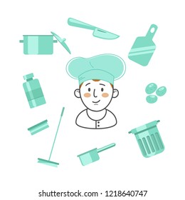 Vector illustration. Set of items assistant chef. Cook and kitchen utensils. 
