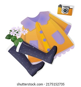 Vector illustration with set items clothing for children. It depicts a coat in the form of a tiger suit, rubber boots, bouquet of flowers. Concept children s seasonal autumn and spring clothing.