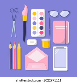vector illustration - a set of items for creativity (paints, notebook, pencils). trend illustration in flat style