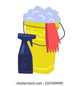 Vector illustration with a set of items for home cleaning. A bucket with foam from cleaning agent, latex gloves, and spray gun is depicted. The concept of housework.