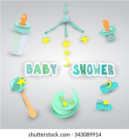 Vector illustration of a set of items for newly born babies in mint shades with lettering "Baby shower" with fun and cute comic font