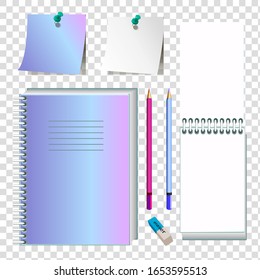 
Vector illustration of a set of items for office or school. An isolated image of an open and closed notebook on a spiral, pencil and eraser.