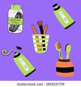 vector illustration - a set of items for organic healthy teeth cleaning. Toothbrush, dental floss, tooth stick, toothpaste. Oral hygiene collection. Eco-friendly dental routine concept.