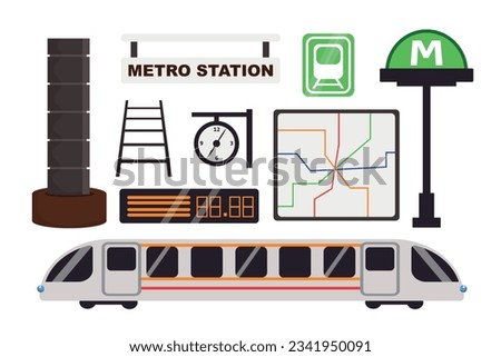 Vector illustration of a set of items with a subway. Signs, wall, column, rails, map, clock, electric train isolated on white background. Subway station.