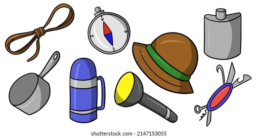 Vector illustration. A set of items for tourism and summer holidays, traveling away from home, items for travel and outdoor activities