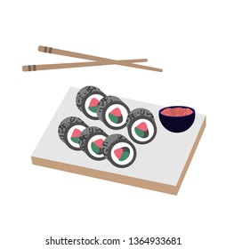 Vector illustration - set of Japanese dish: rolls and chopsticks. Isolated on white background