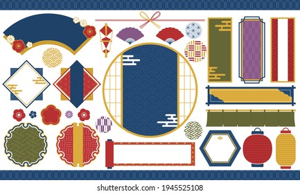 Vector illustration set of Japanese style frame and Japanese pattern material